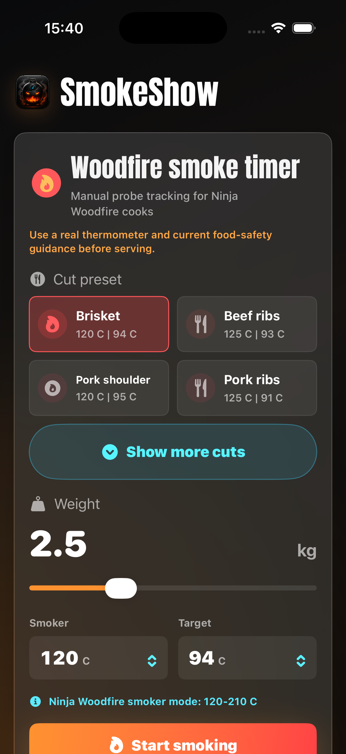 Planner screen in SmokeShow